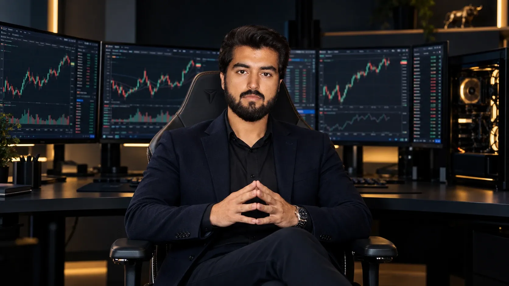 Adam, founder of AOT, seated at his multi-monitor trading desk